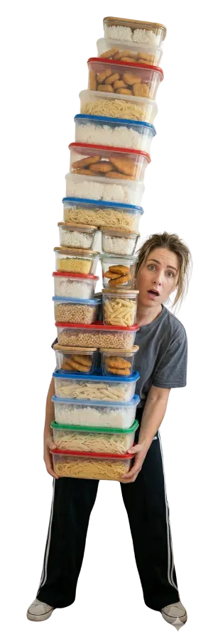 אמא עם ערימה של קופסאות אוכל