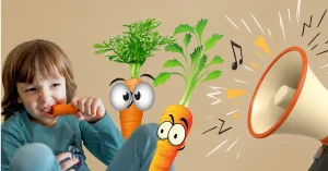 ילד נוגס בגזר לצד שתי דמויות גזר מצוירות ורמקול, משחק סלט רעש לילד בררן