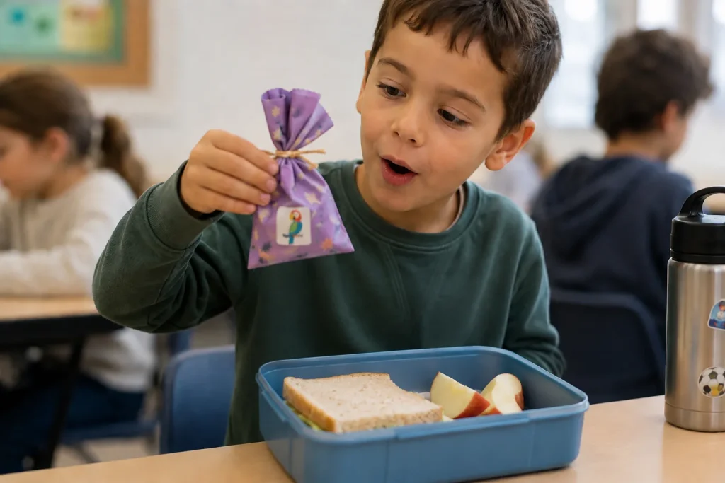ילד פותח שקית הפתעה סגולה ליד קופסת אוכל עם סנדוויץ' ותפוח פרוס, רעיון לקופסת אוכל לילד בררן