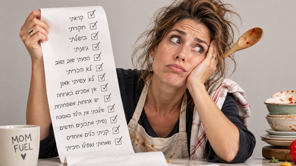 אמא עייפה מחזיקה צ'ק ליסט ארוך שכל השורות בו מסומנות, עם עיפרון מאחורי האוזן