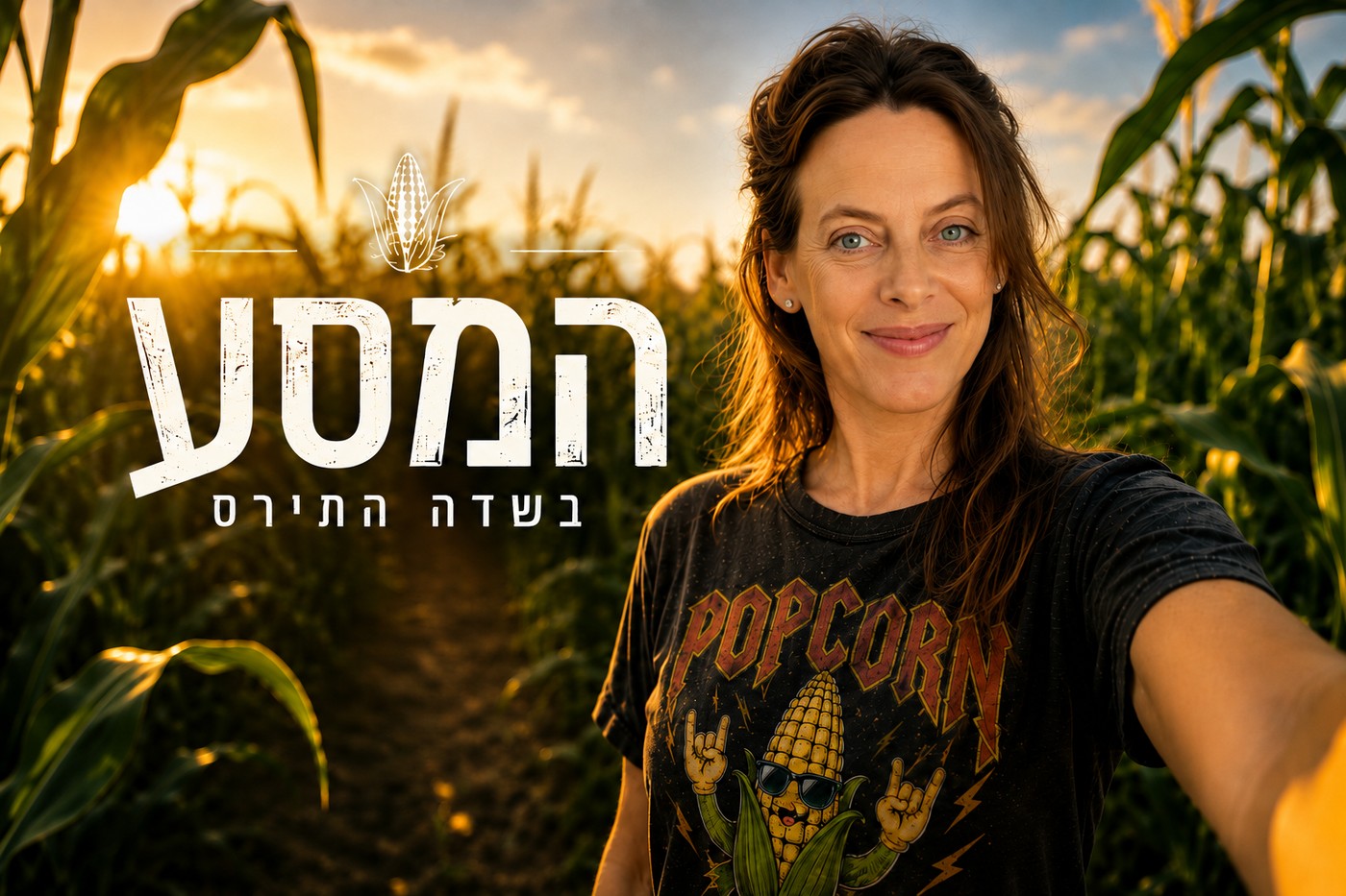 גלית שרף זיתוני עומדת בשדה תירס בשעת השקיעה, עם הכיתוב: המסע בשדה התירס