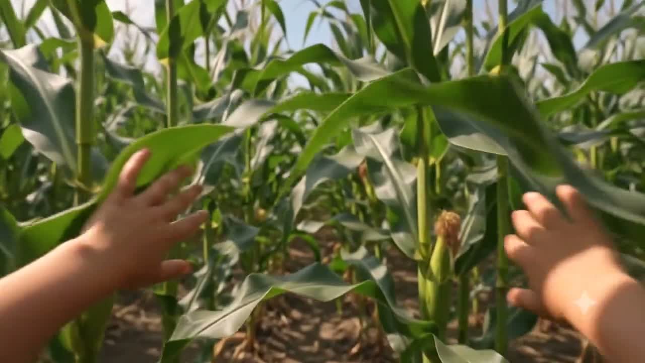נקודת מבט של ילד בשדה תירס: רק עלים גבוהים מכל הכיוונים