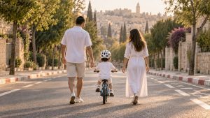 הורים וילד על אופניים בכביש ריק ביום כיפור
